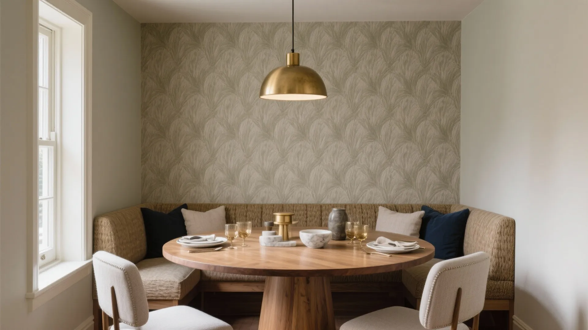 Modern dining nook with round wooden table corner bench seating gold ceiling light and patterned wallpaper