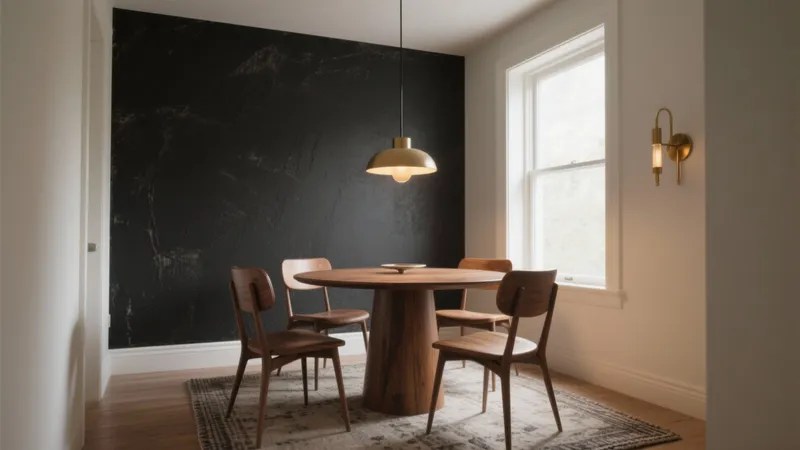 Modern Dining Room with Black Marble Accent Wall & Warm Wood Tones
