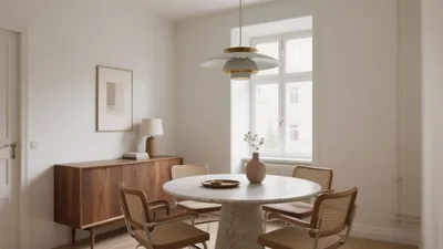 Scandinavian Dining Room with Marble Table and Rattan Chairs