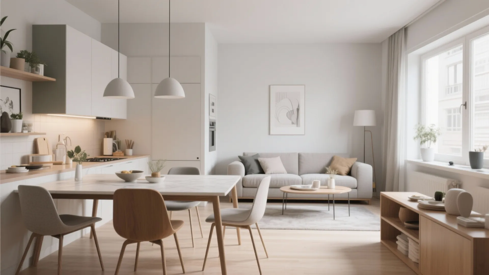 Dining table integrated into small living room space