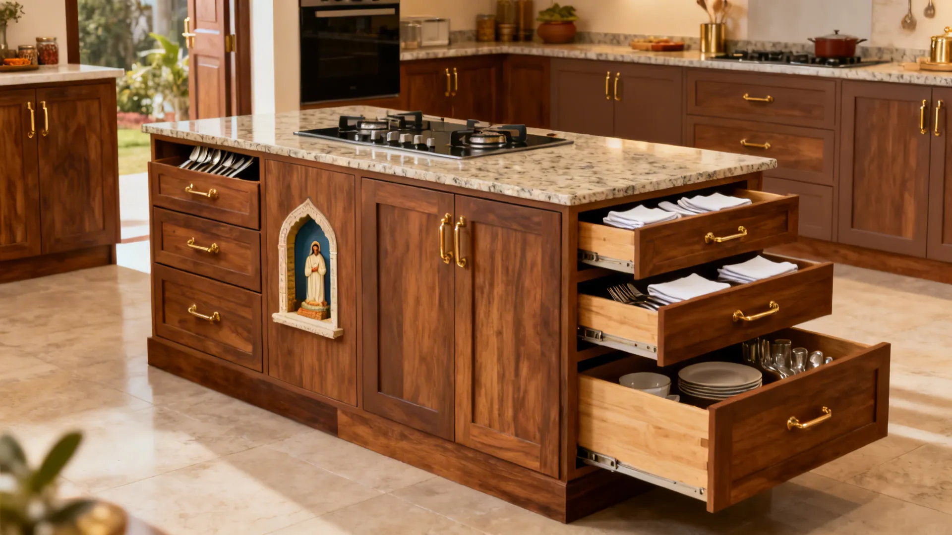 Dining table as kitchen island with two-sided storage and a discreet prayer niche near the entrance.