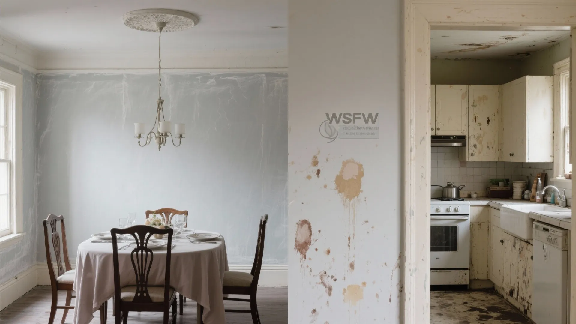 Before and after comparison of old kitchen and dining room during house interior renovation project