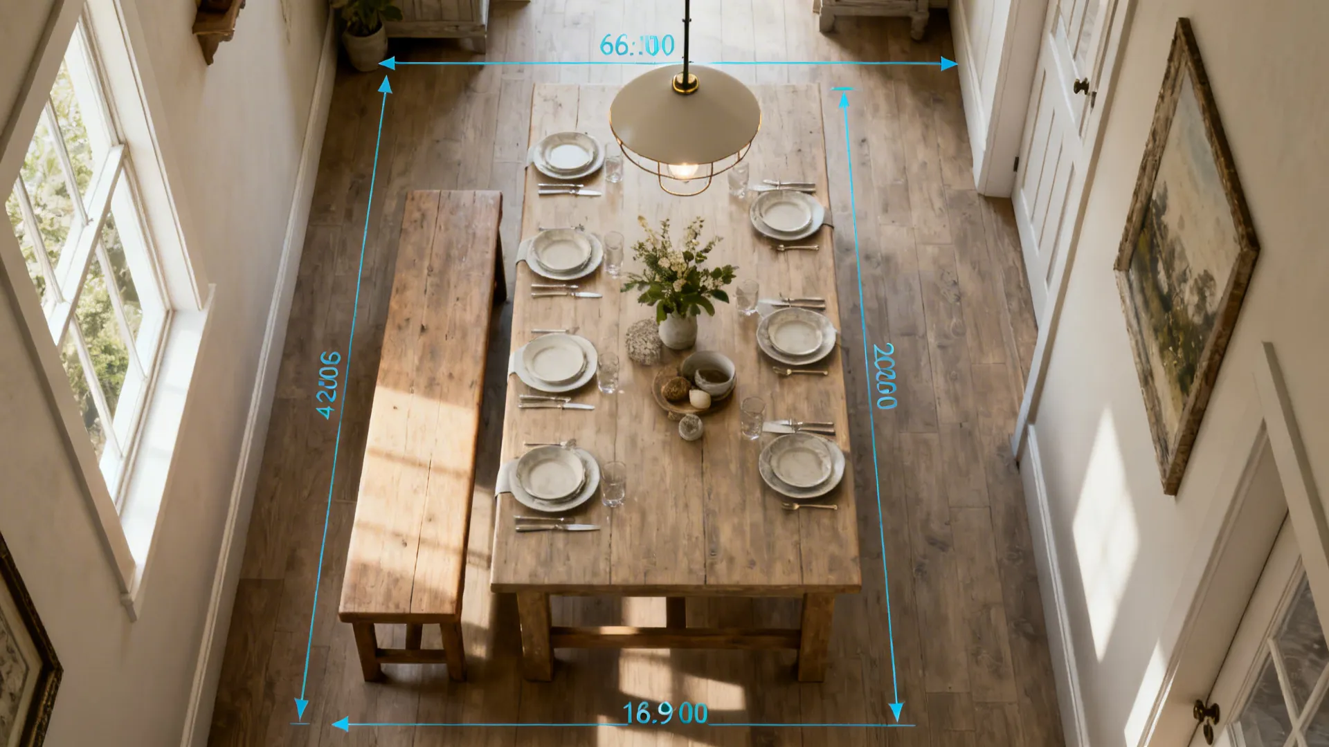 Top-down dining layout showing clearance, bench seating and centered pendant for narrow rooms
