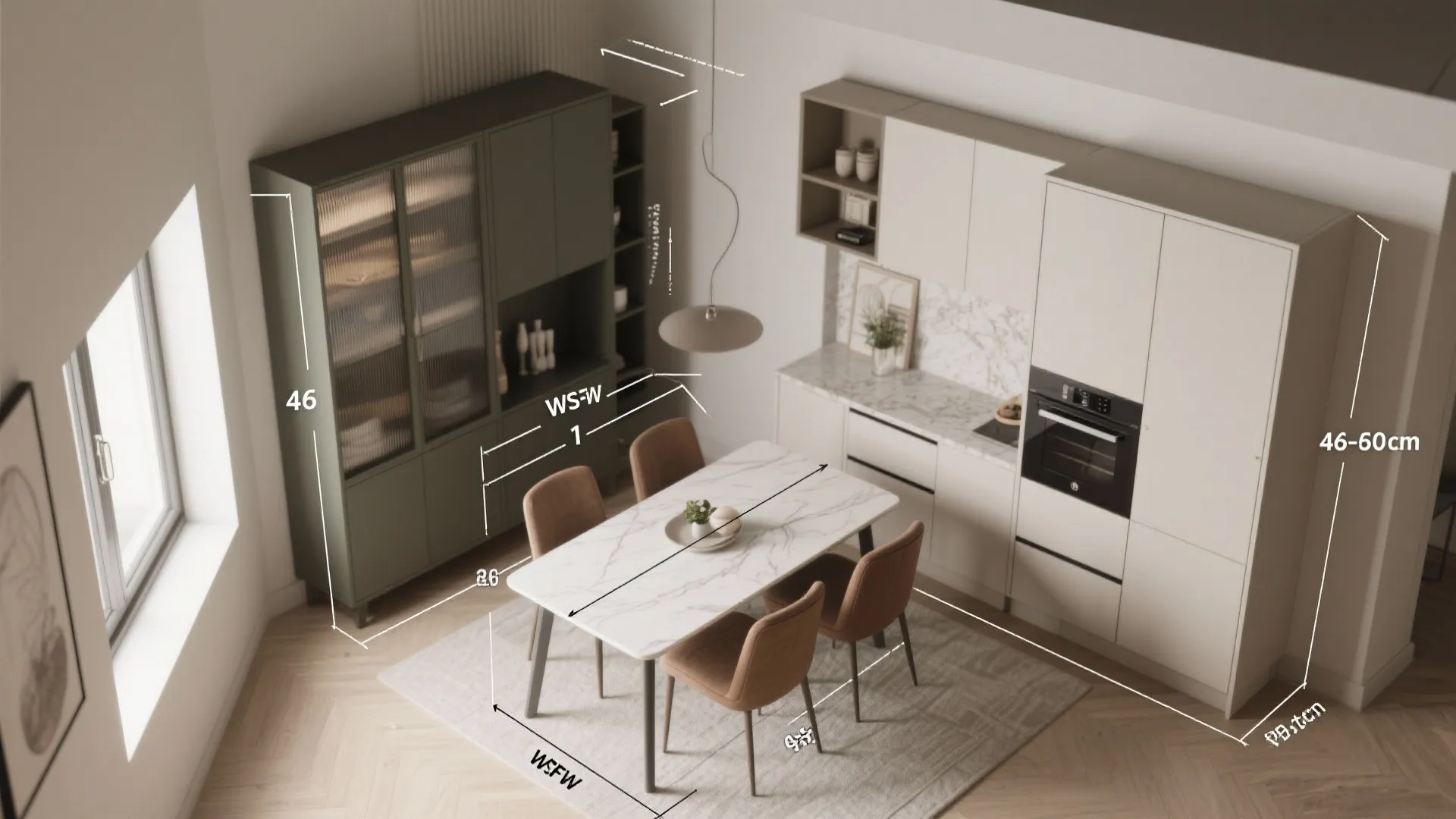 Top-down 3D mockup of a small dining layout showing clearance dimensions and a focal cabinet.