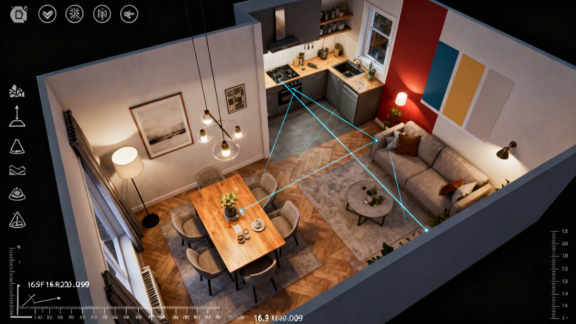 Top-down room mockup showing sightlines and accent wall options for a small dining area.
