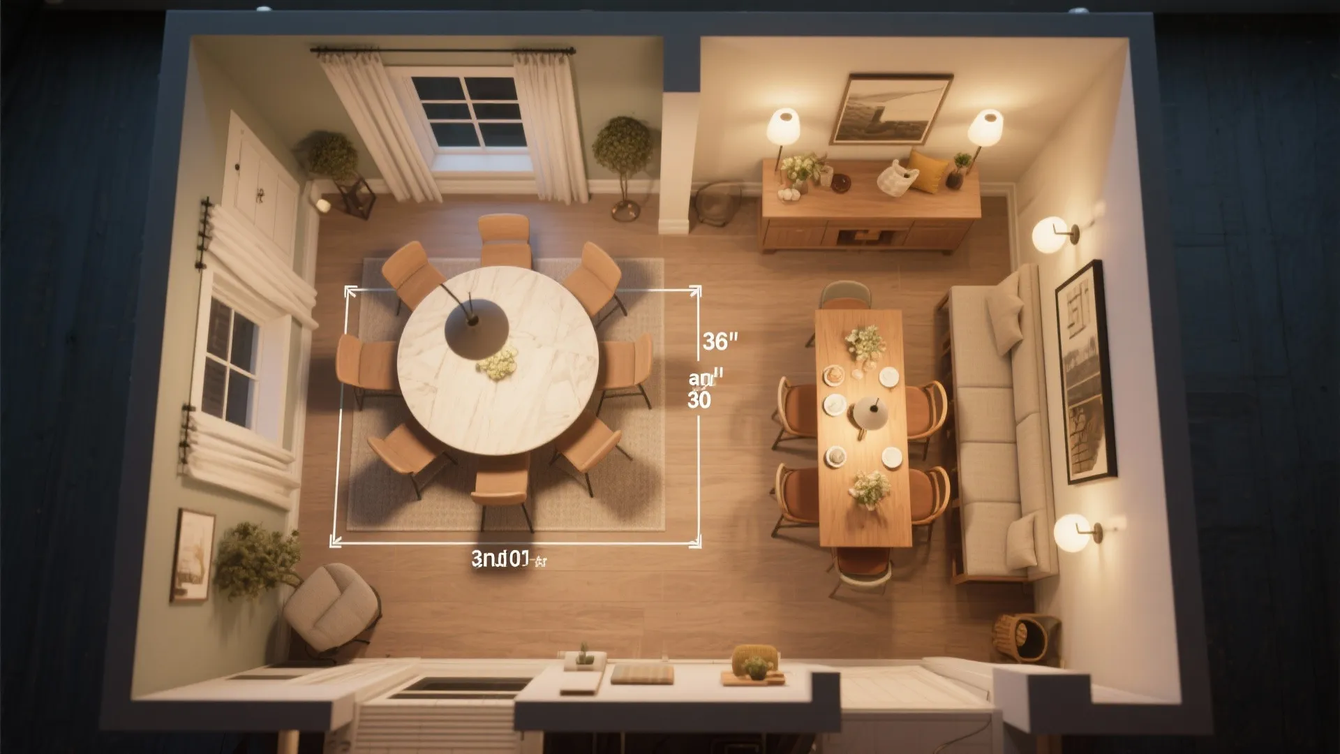 Top view interior design drawing of a dining room layout with round and rectangular tables