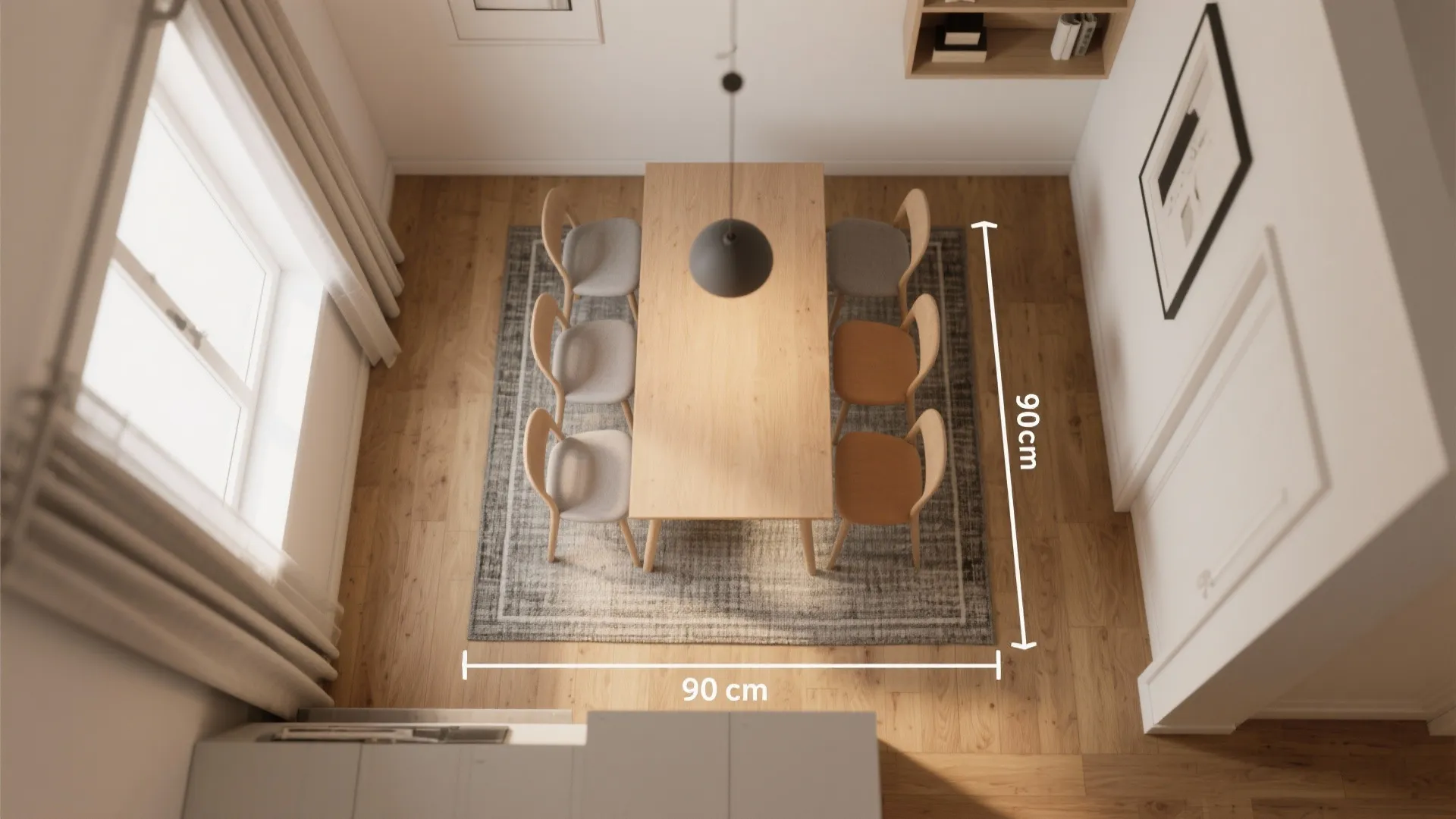 Top view of wooden dining table with chairs showing ninety centimeter clearance measurements for room layout
