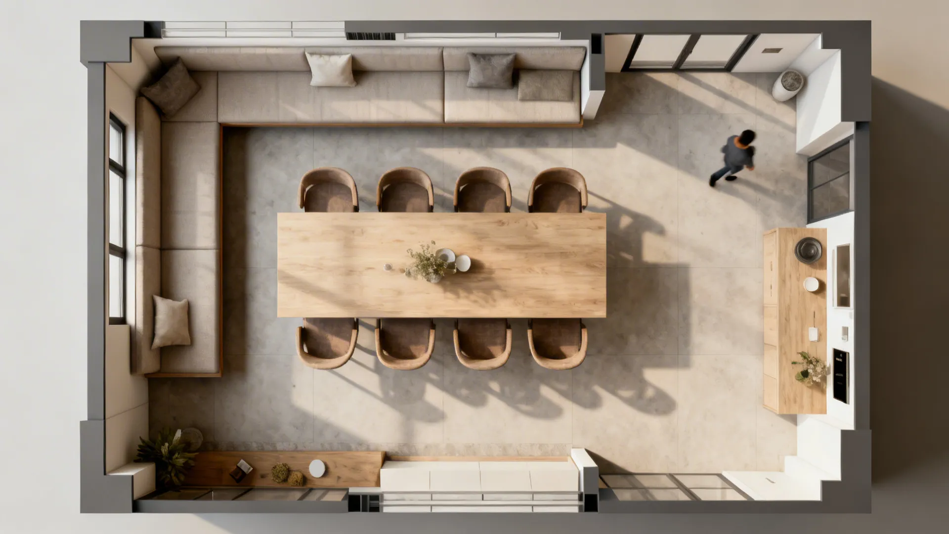 Top view room layout showing long wooden dining table eight chairs large sofa and cabinet
