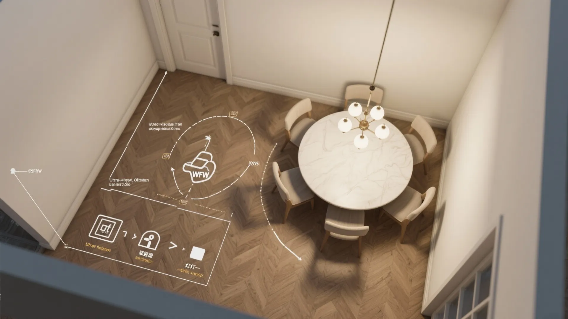 Top view of a dining room with round marble table chairs ceiling light and wood floor