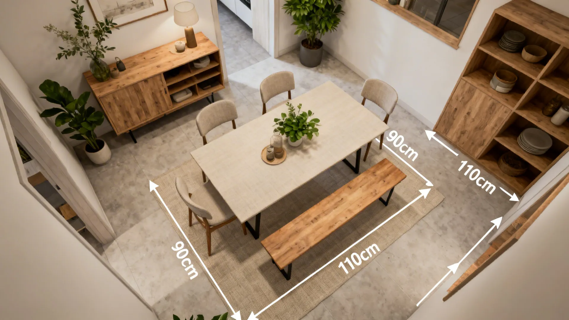 Top-down rendered floor plan of a small dining room showing clearance and circulation around a slim table
