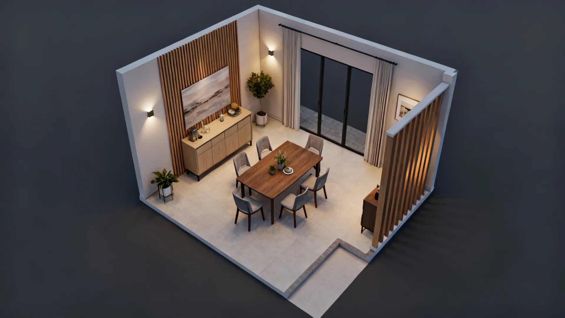 Top-down layout showing feature wall and half-wall batten placement options for a small dining room.