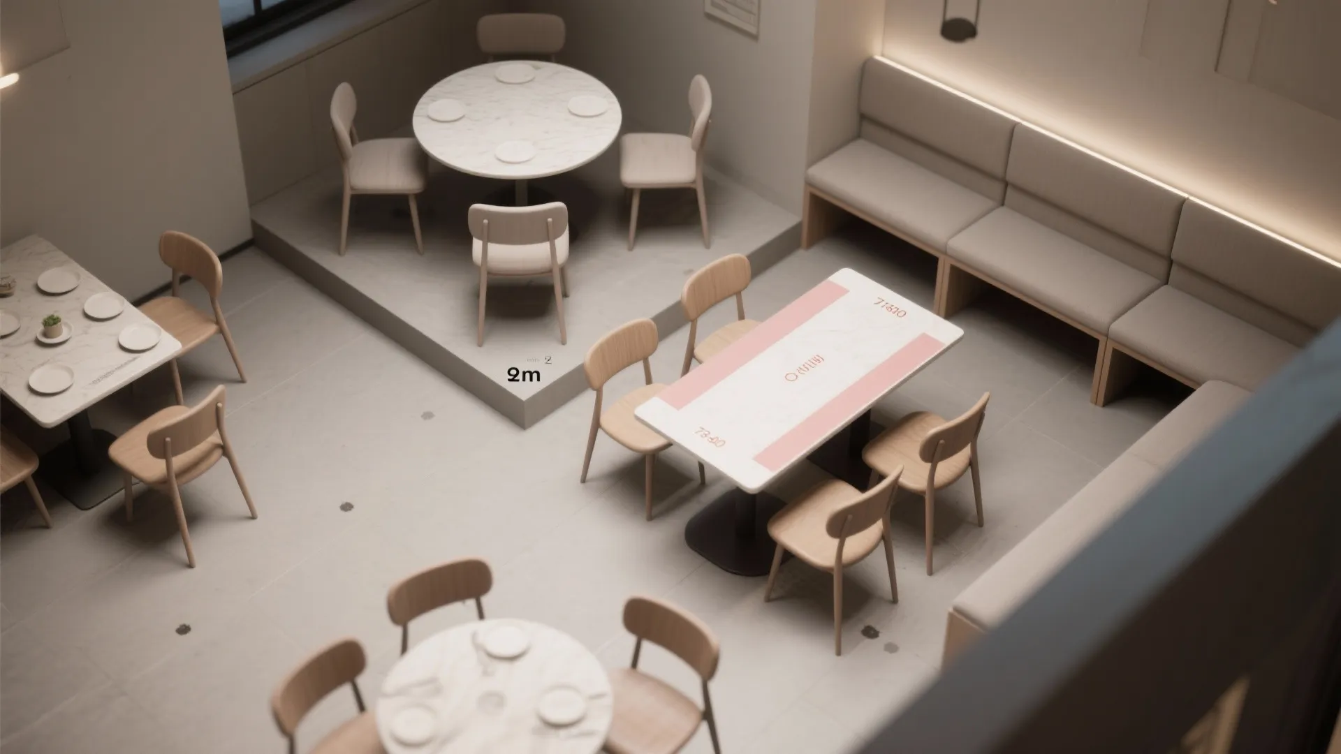 Dining room interior design drawing showing various table arrangements with chairs and long sofa seating