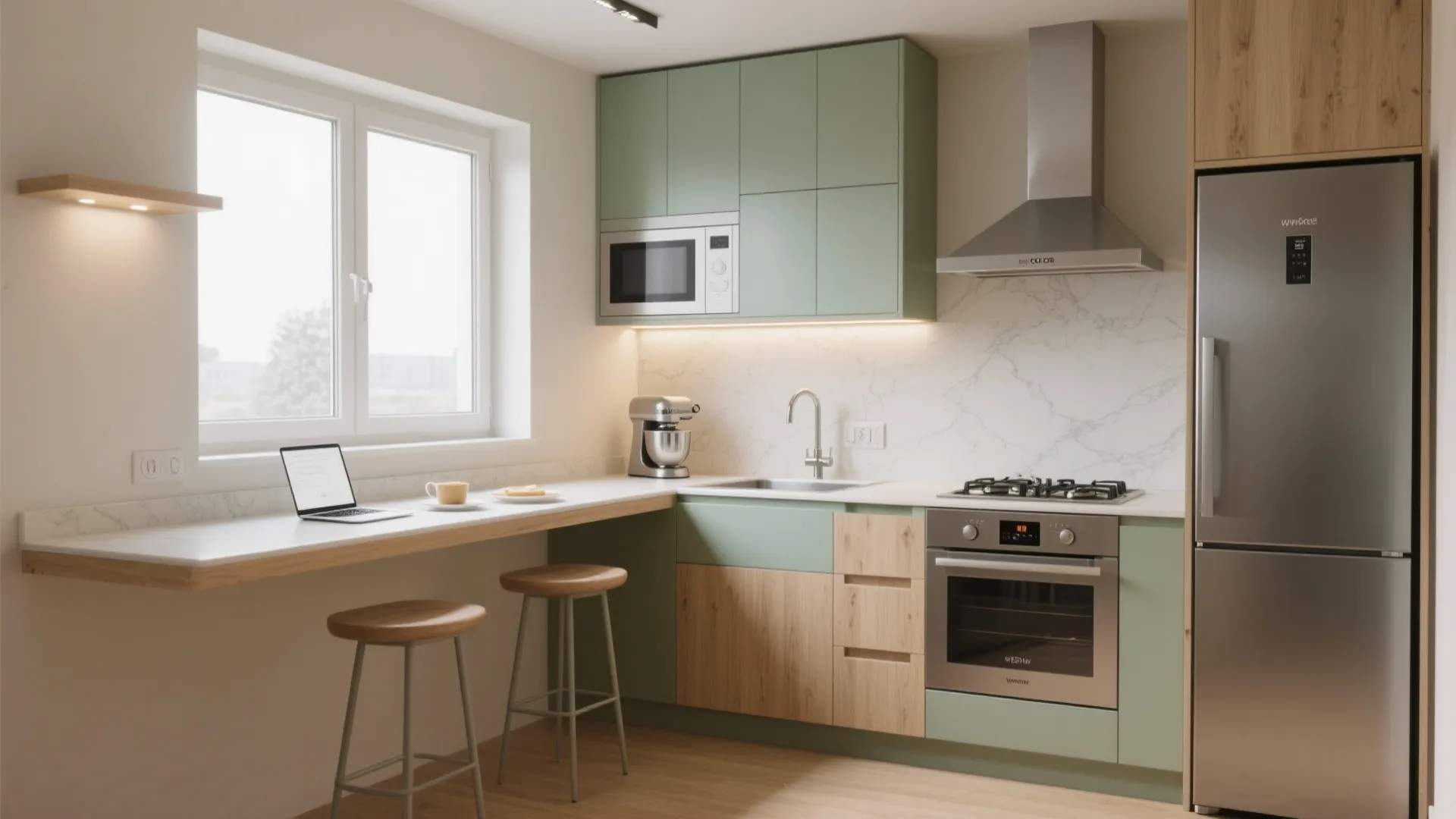 Multi-tasking dining ledges and appliance zoning for Indian cooking