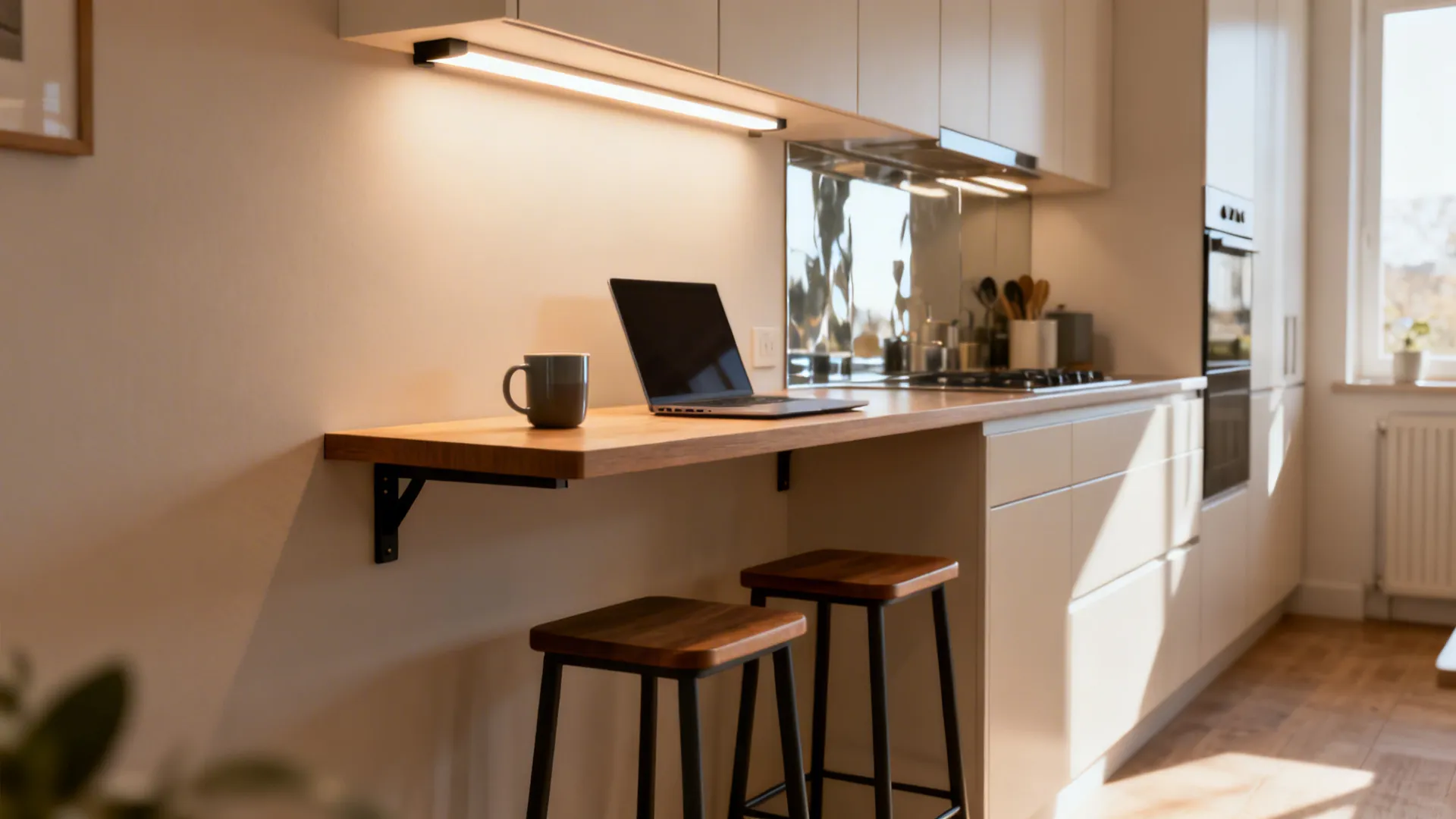Slim wall-mounted dining ledge doubling as prep space with two stools in a small kitchen