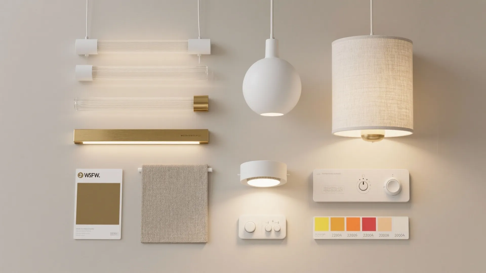 Flatlay of key dining lighting elements: pendants, linear glass, brass, fabric shade, wall washers, and dimmers.