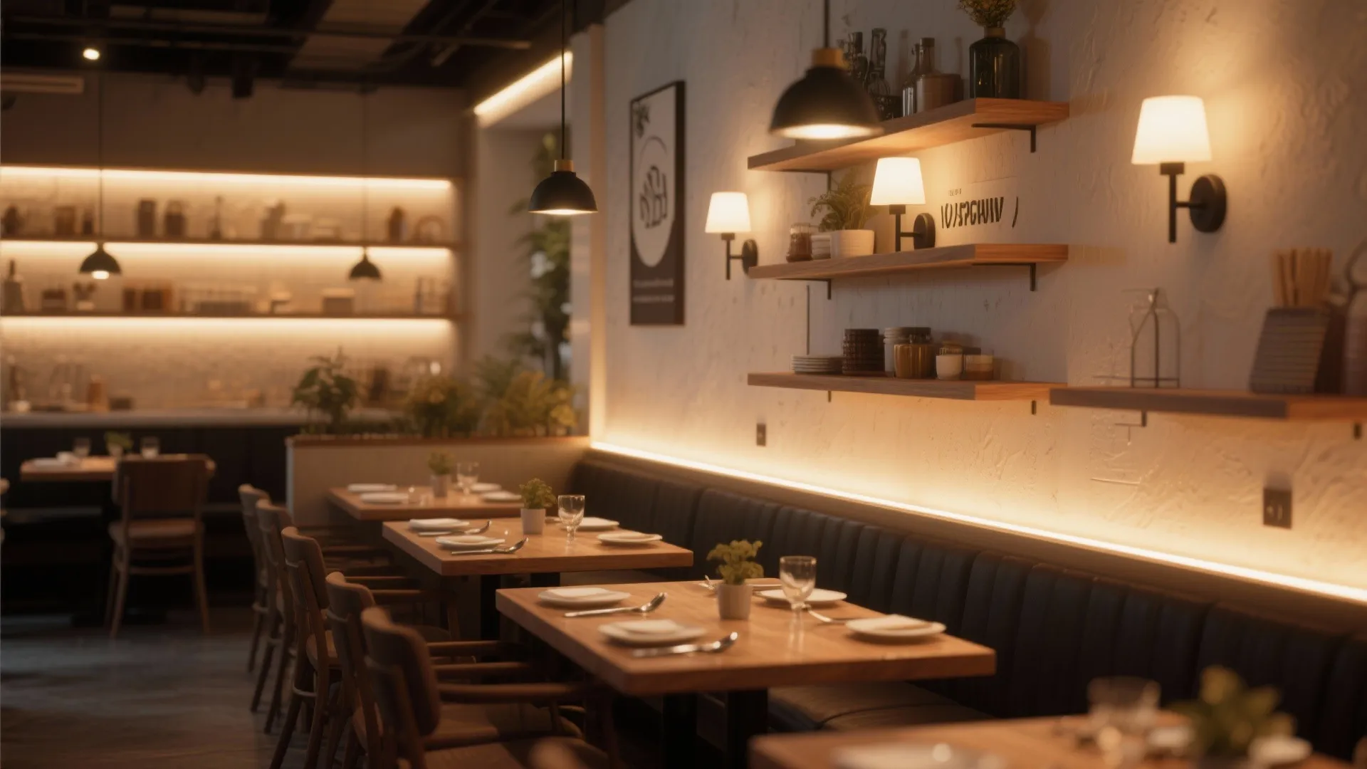 Modern restaurant dining space with wooden tables black sofa wall light and warm shelf lighting