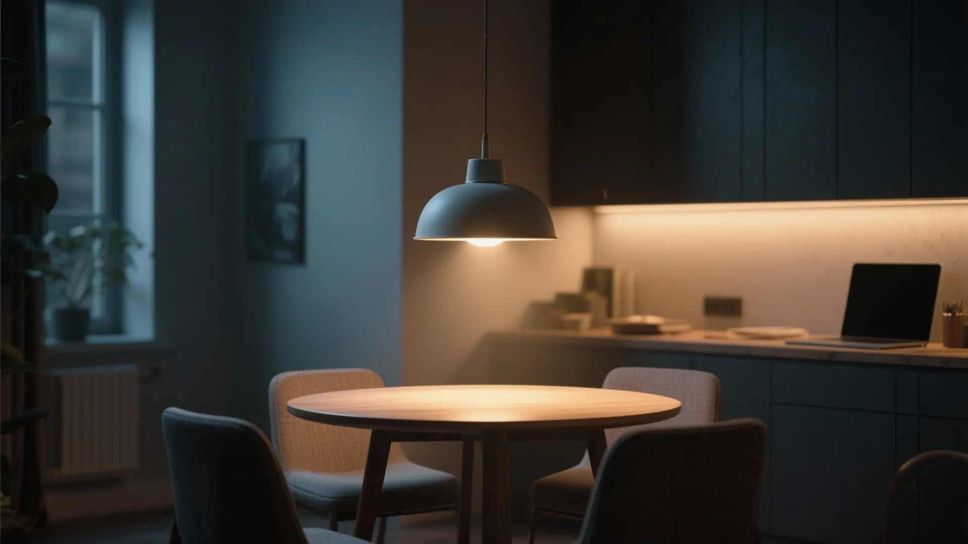 Pendant light centered over a small dining table creating a warm, focused mood in a compact contemporary space.