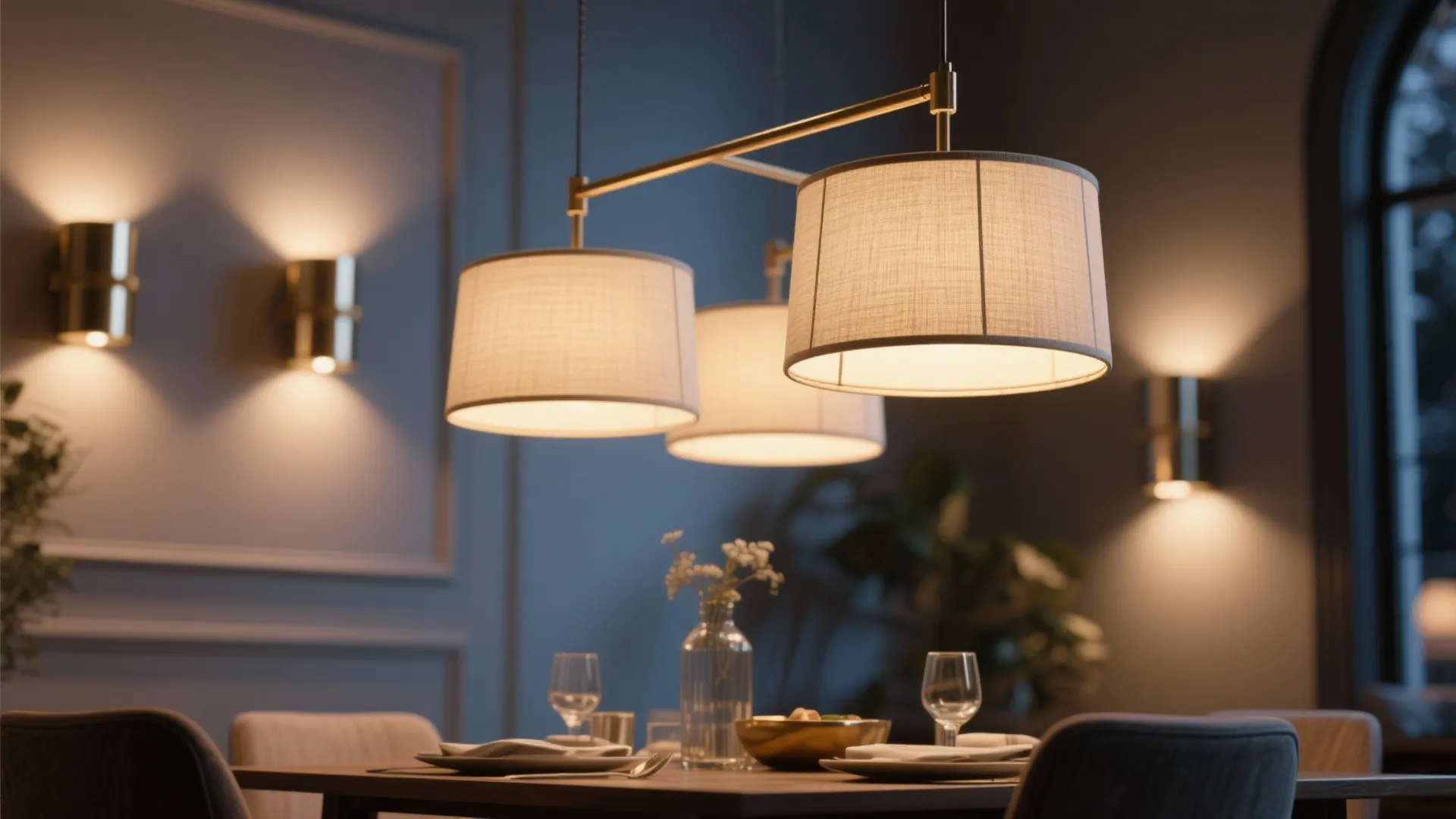 Modern ceiling lights hanging over a dining table with glasses and white ceramic dinner plates