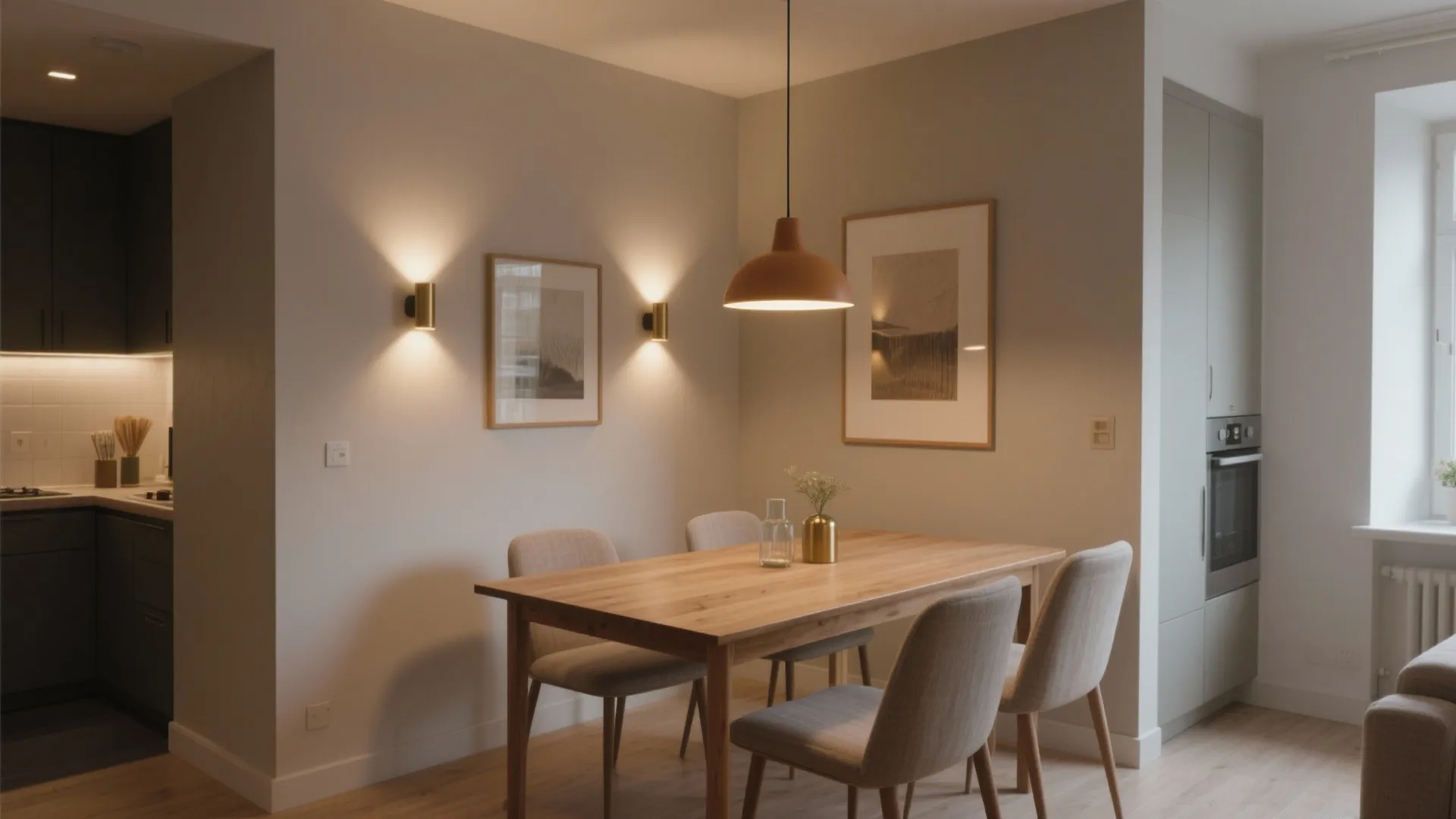 Modern dining room featuring wooden table with grey chairs and warm hanging ceiling and lights
