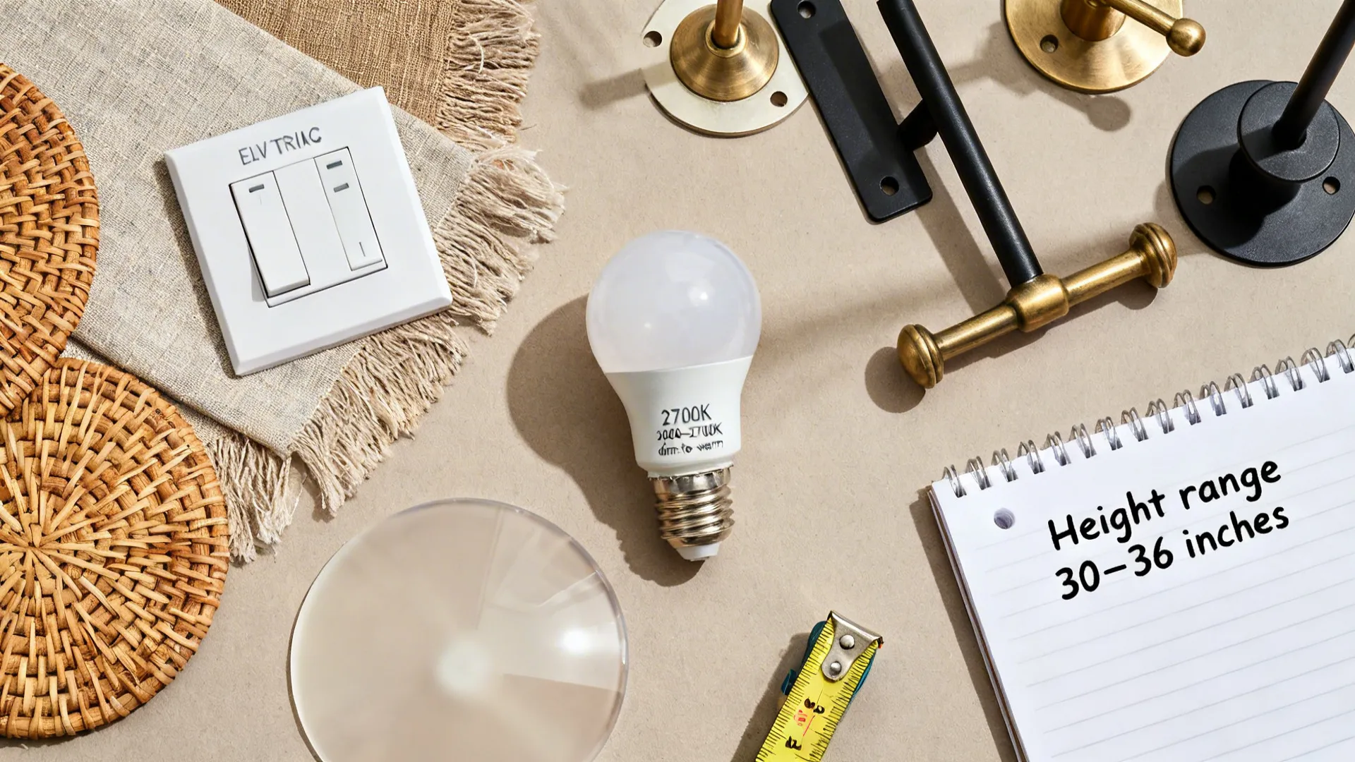 Light bulb wall switch measuring tape and notebook showing height range for installing light fixtures