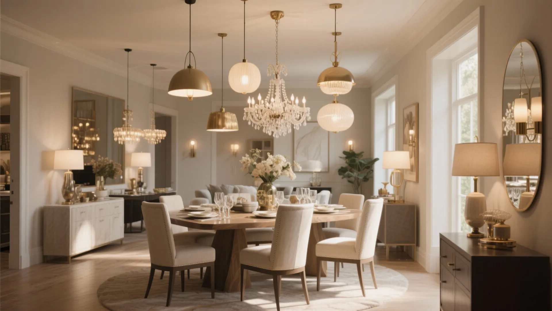 Elegant dining room with wooden table white chairs multiple ceiling lights cabinets and round wall mirror