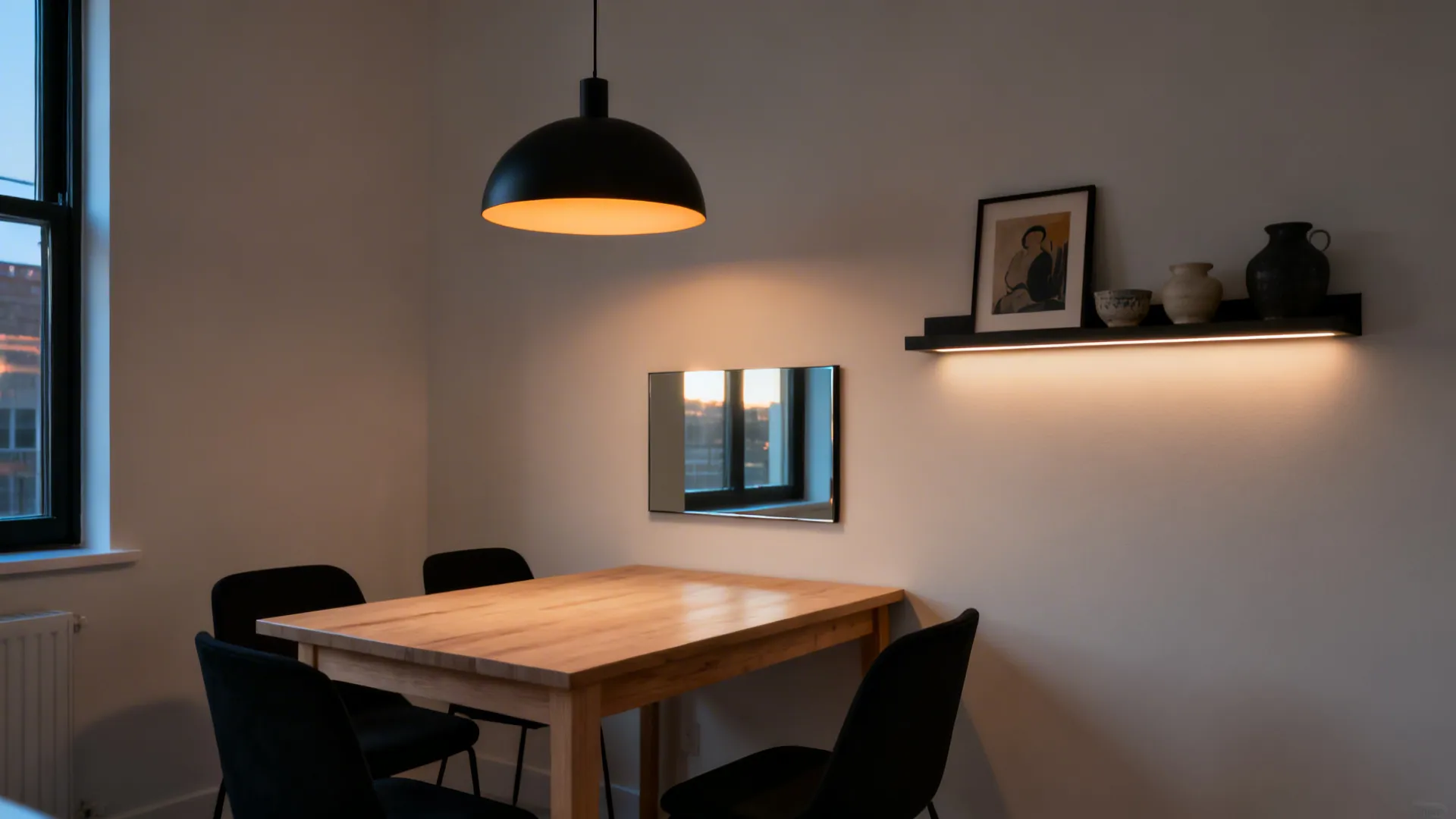 Dining area with wooden table black chairs black ceiling light and glowing wall shelf decorations