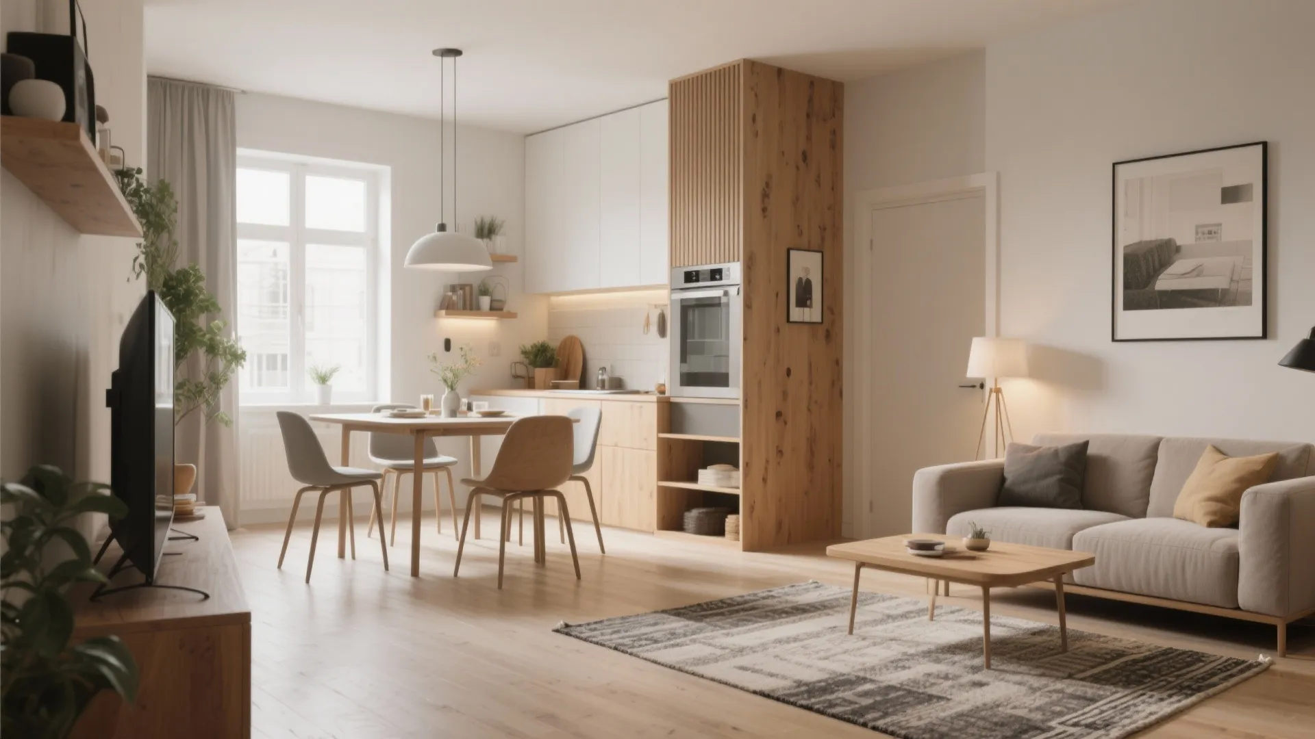Modern open plan living area featuring wood kitchen cabinets grey sofa dining table and ceiling light