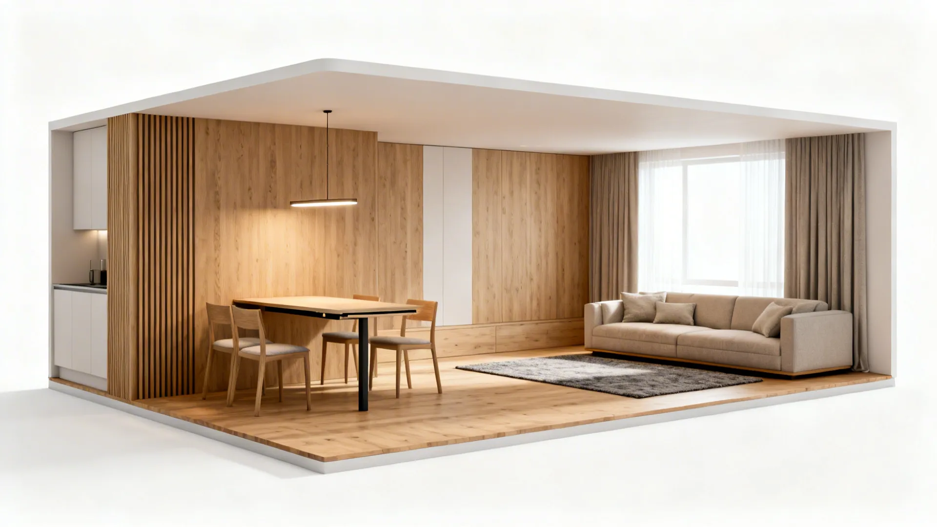 Compact dining spot in the short leg paired with a living area along the long arm of an L-shaped room
