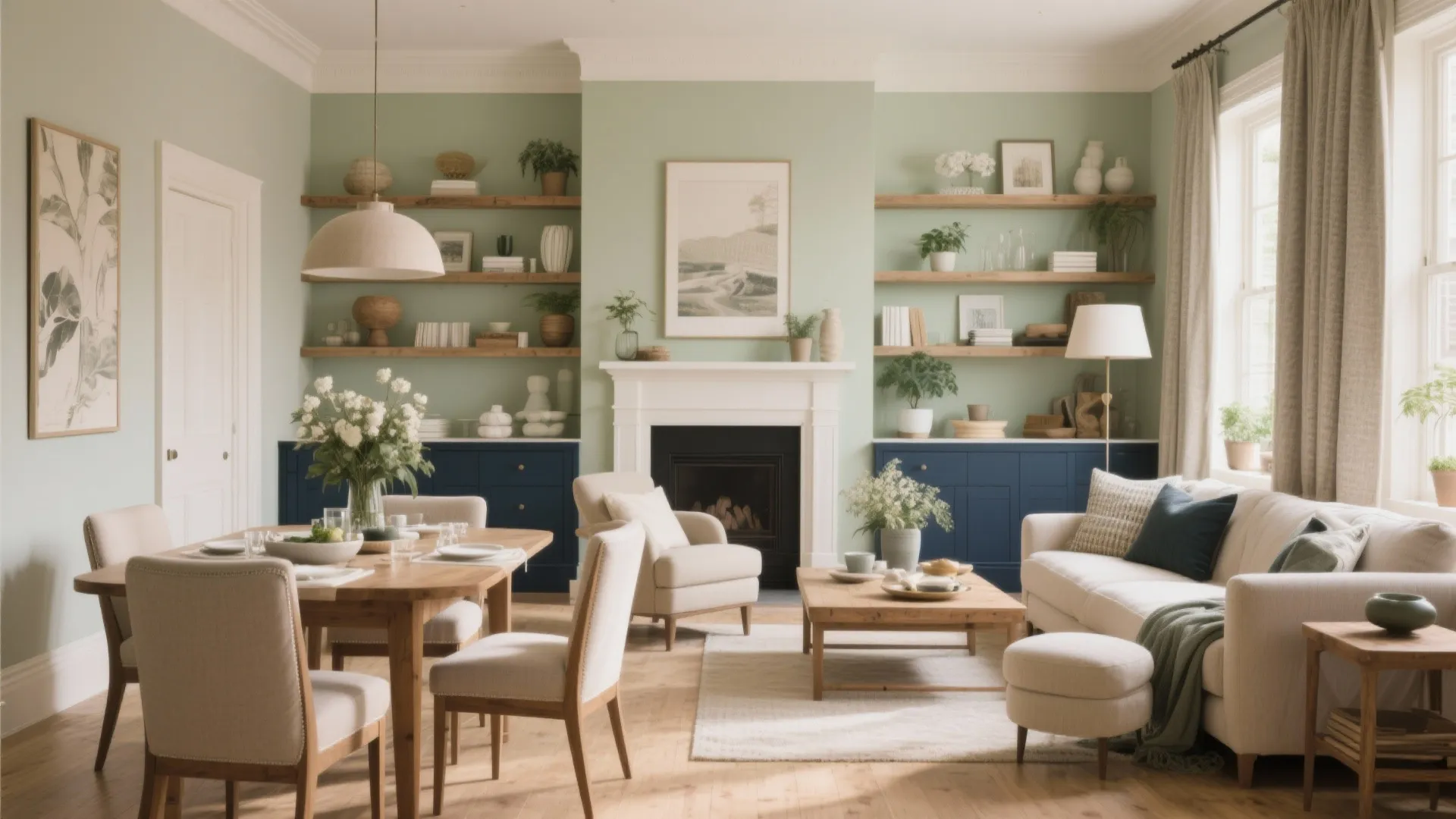 Cozy living room with sage green walls, fireplace, wooden dining table, white sofa, and blue cabinets