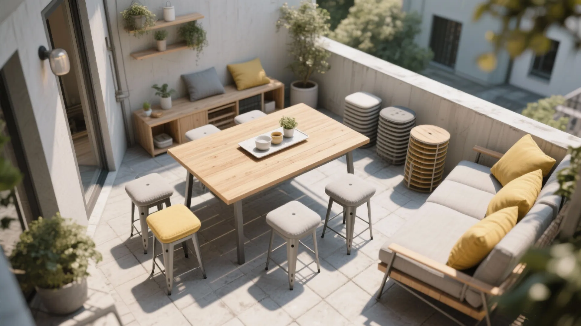 Modern outdoor balcony with wooden dining table, comfortable grey sofa, yellow pillows, and green plants