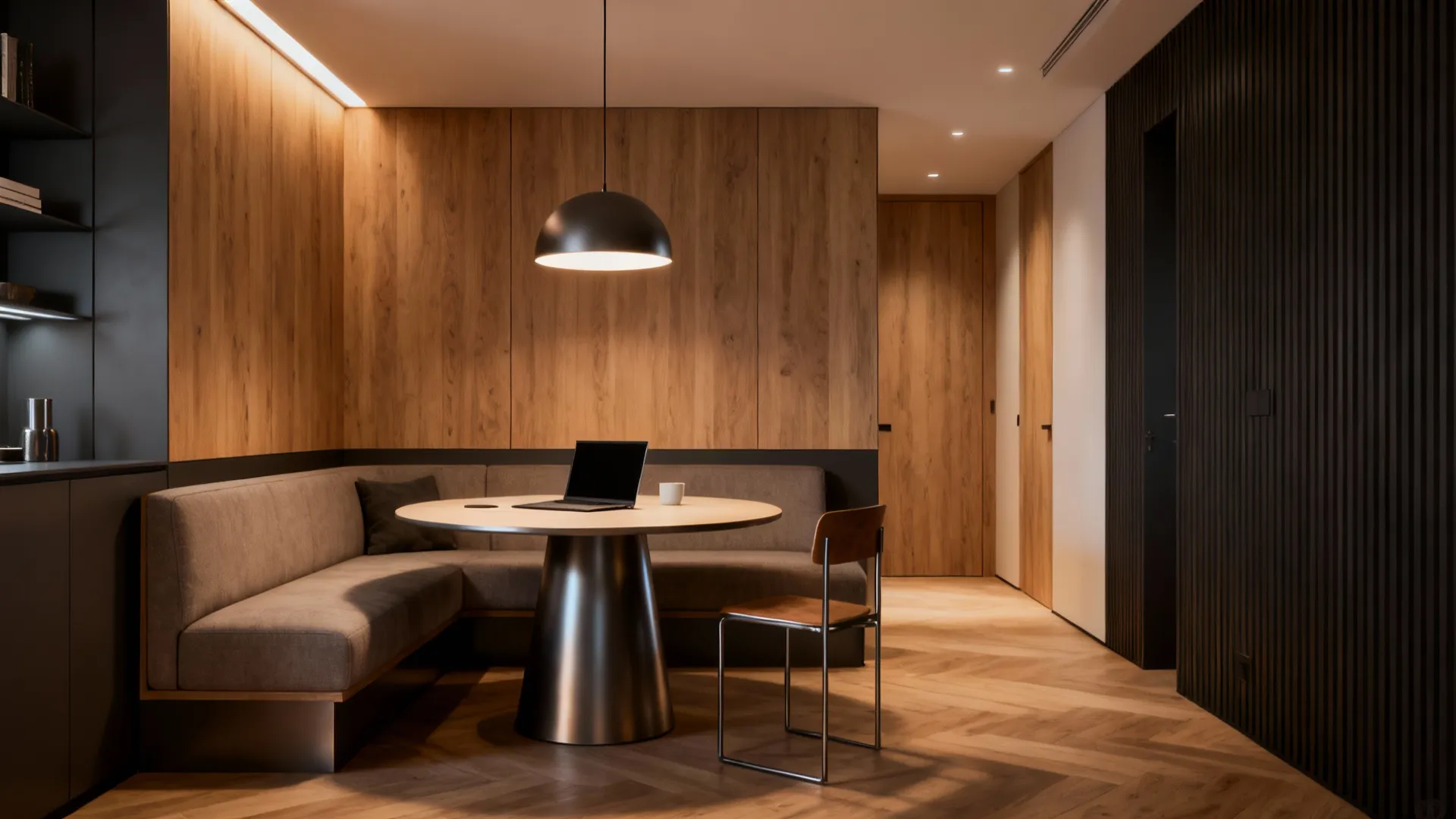 Round table tucked into the wing of an L-shaped living room serving as dining and workspace