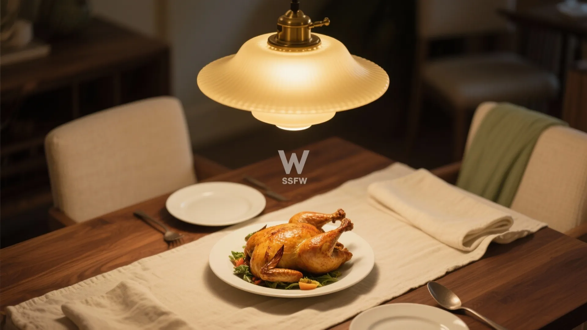 Roasted chicken on a white plate under a warm ceiling light in a dining room