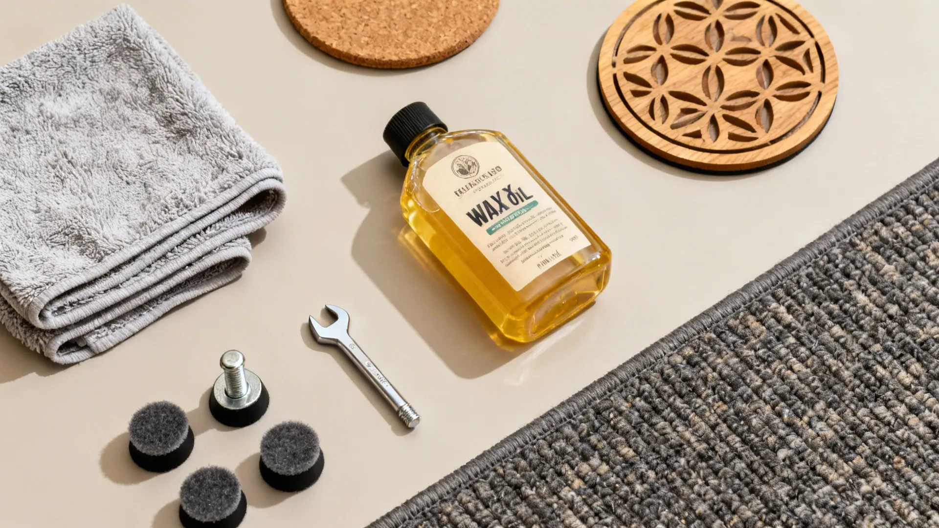 Flat lay of cleaning and care items like microfiber cloths, hardwax oil, felt pads, and a rug pad.
