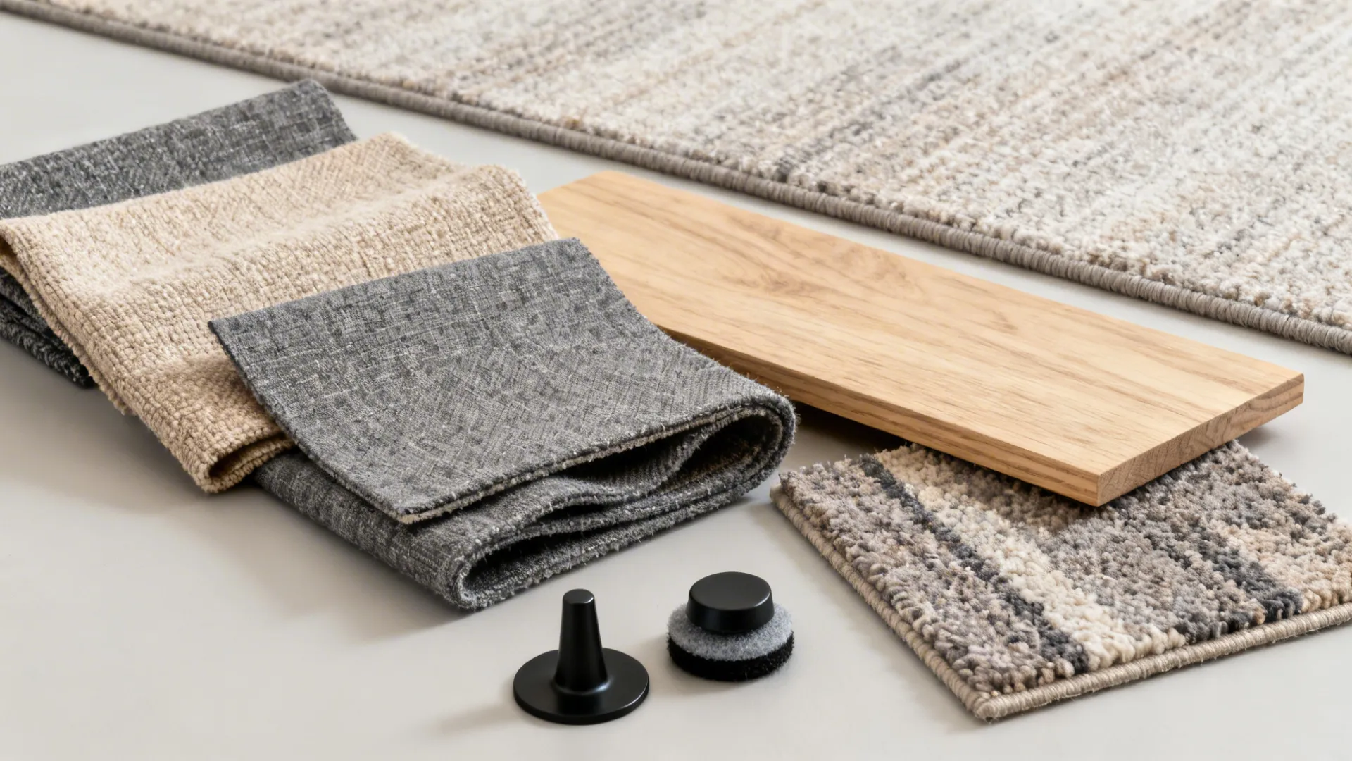 Flat lay of performance fabric swatches, light oak wood, black metal, and felt glides.