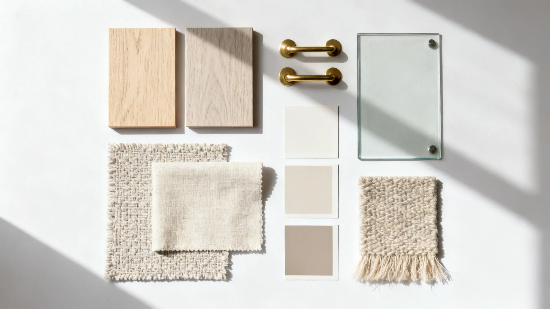 Flat lay of pale wood, glass, brass, and neutral fabric swatches for small-space dining design.