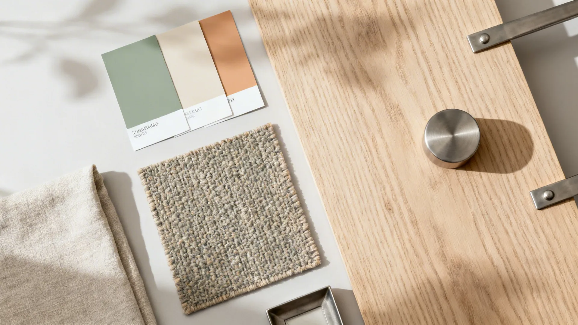 Flatlay of dusty sage paint, rug sample, light oak, linen, and brushed metal accents for a dining nook.