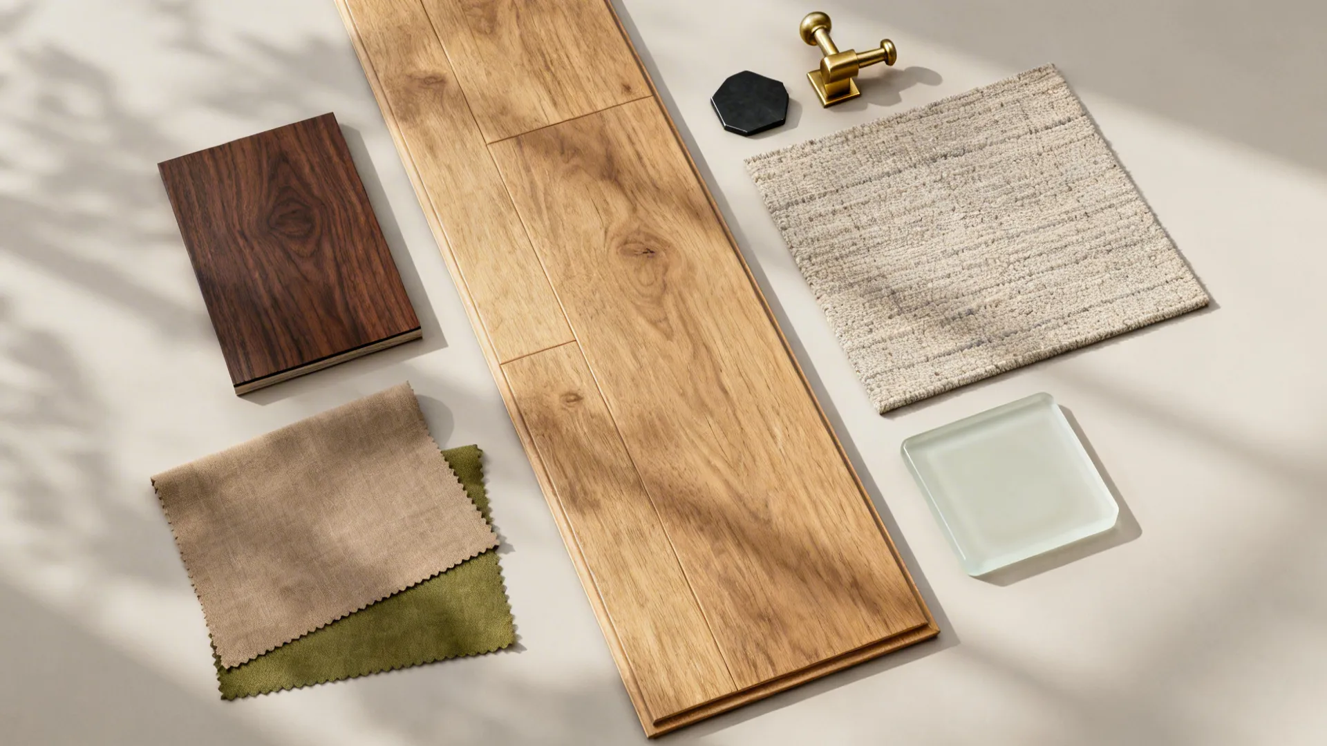 Interior design material samples including wood flooring fabric and metal hook on a plain background
