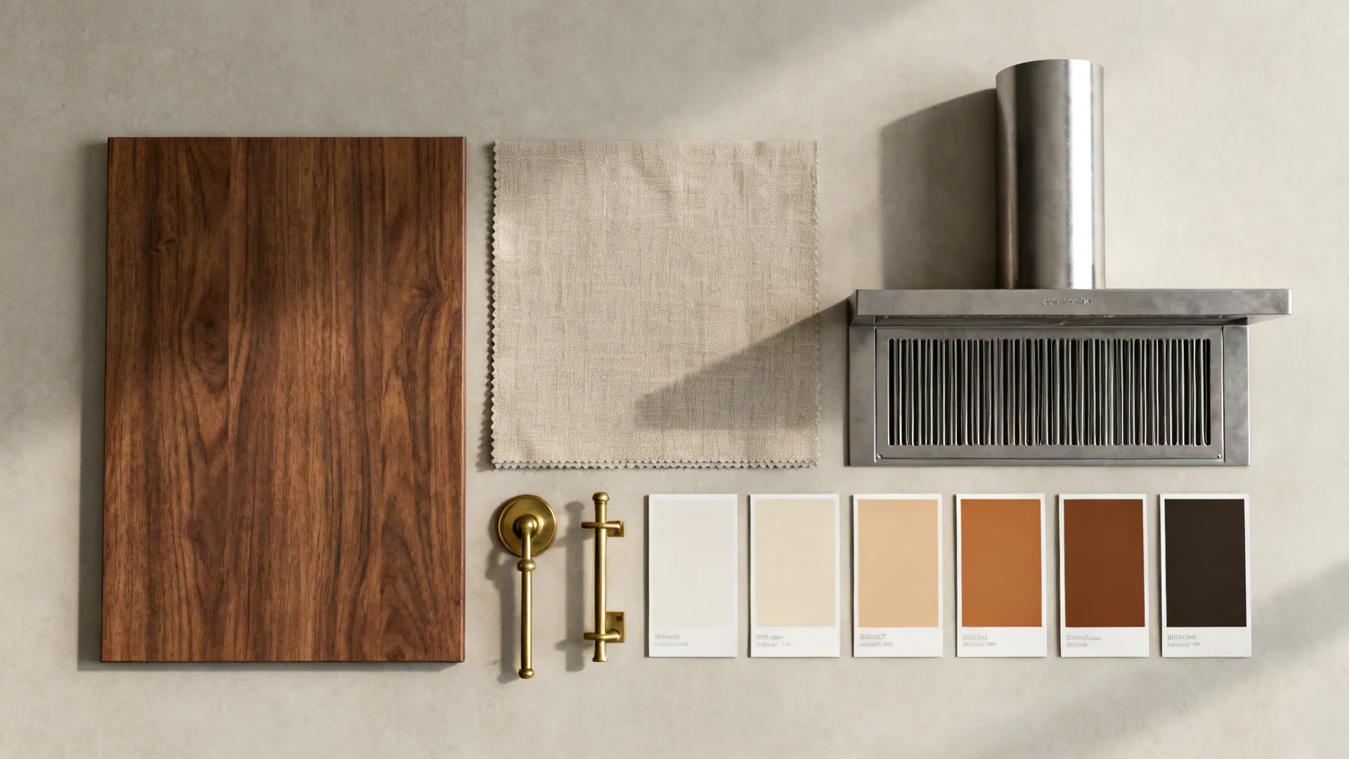 Flat lay of walnut wood, linen fabric, brass accents, and neutral paint chips on a light surface.