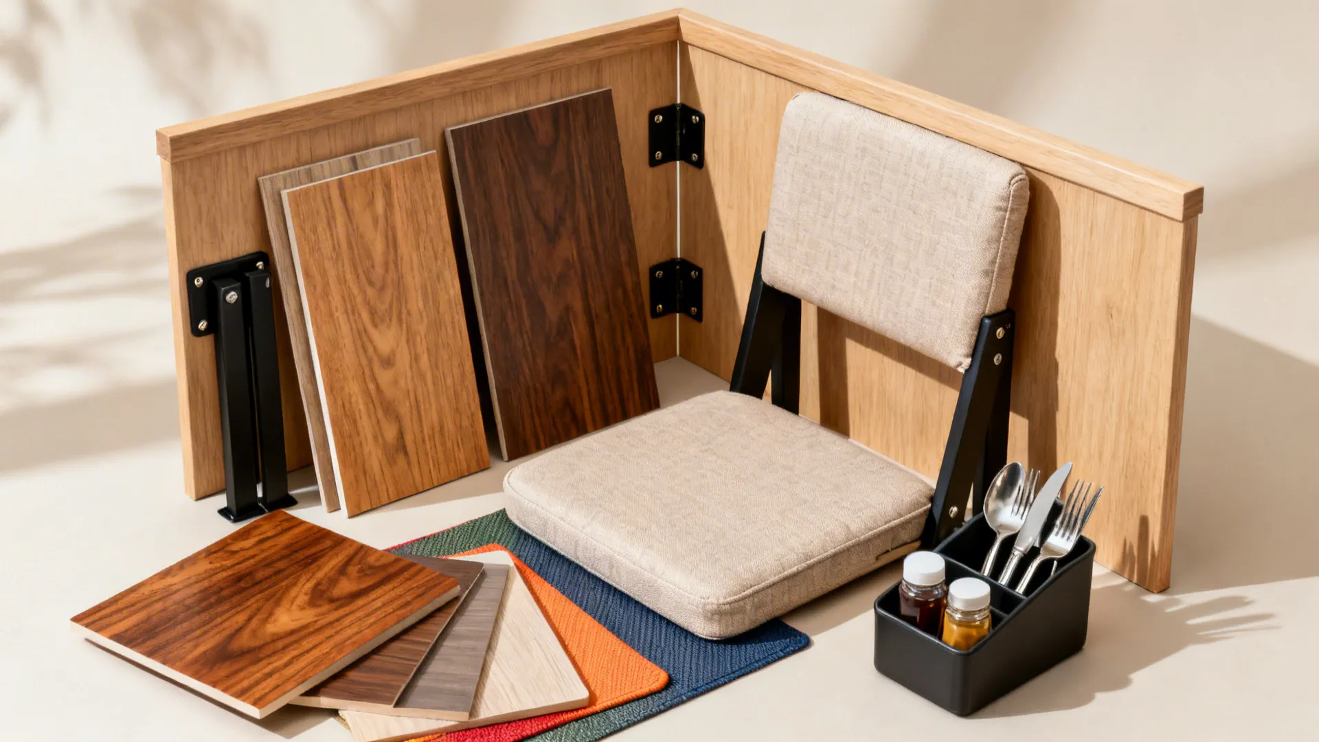 Flat lay of wood, laminate, hardware, placemats, and a small caddy for a foldable dining setup.