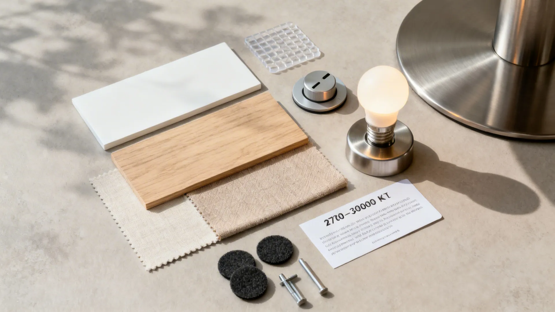 Flat lay of laminate and wood swatches, performance fabrics, metal finishes, bulb, and dimmer.