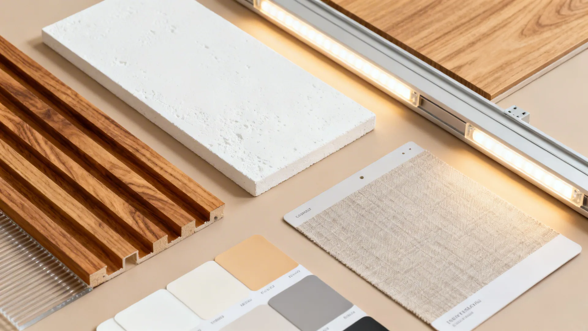Flat lay of wood veneers, PET slats, gypsum, fabric, and LED profiles.