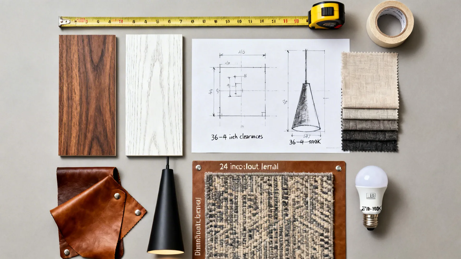 Interior design drawing with wood samples leather fabric swatches a measuring tape and light bulb