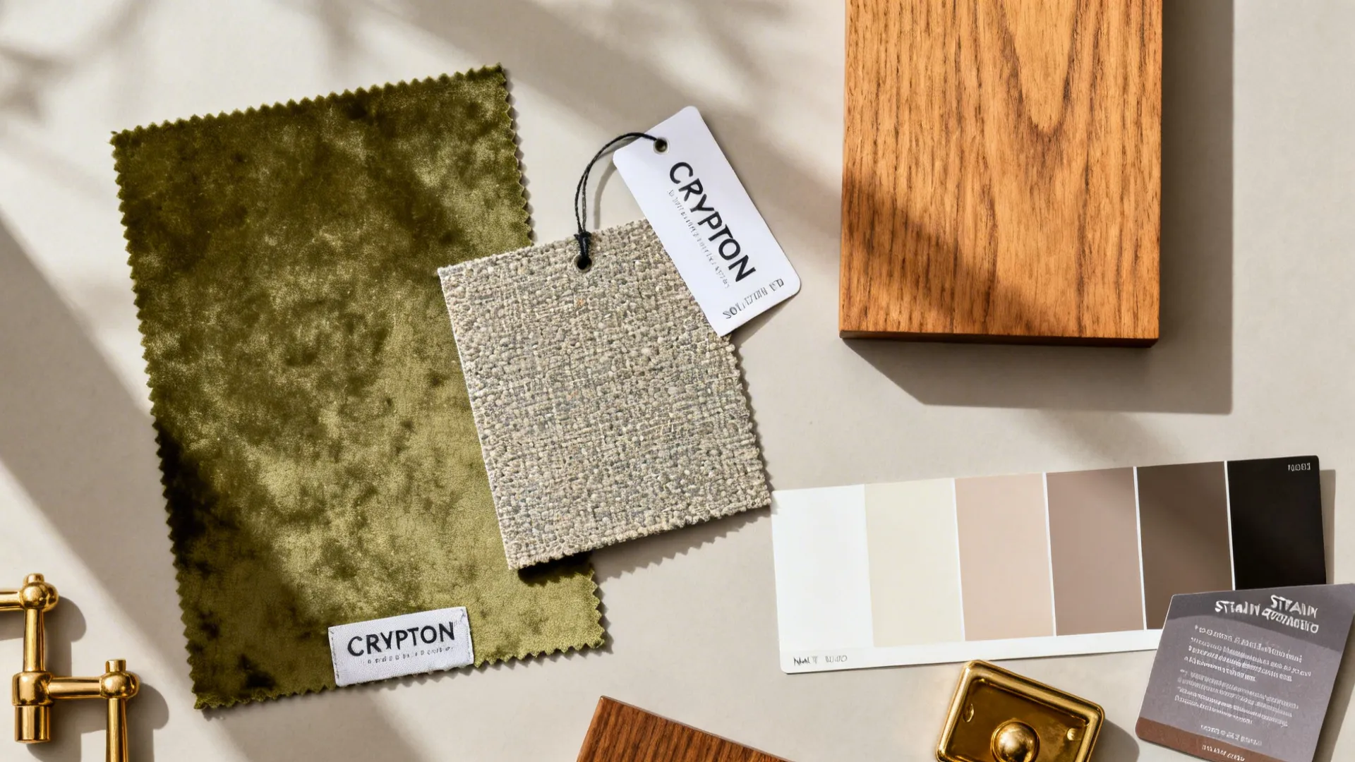 Flat lay with olive performance velvet, oak wood, neutral paint chips, and brass hardware.