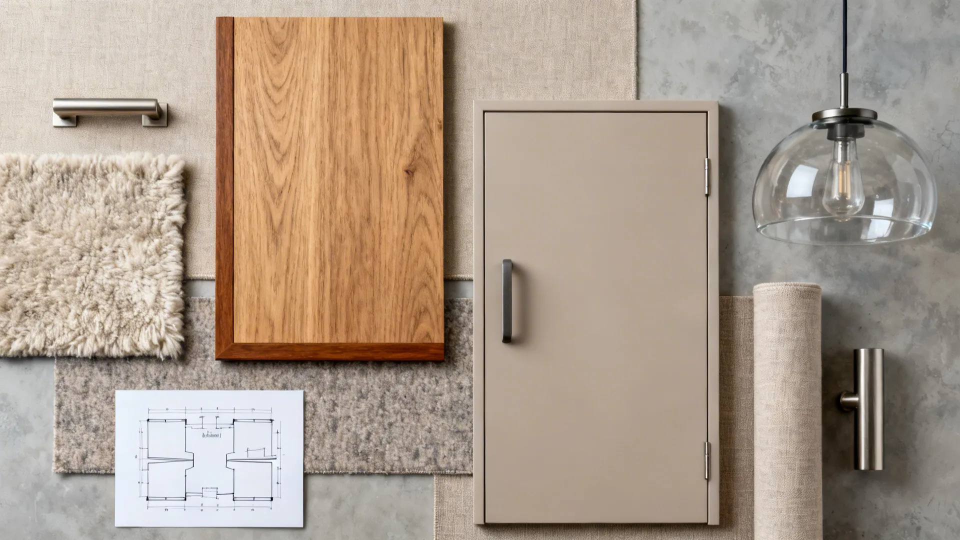 Flat lay of oak veneer, matte cabinet front, wool rug, upholstery, and pendant glass.