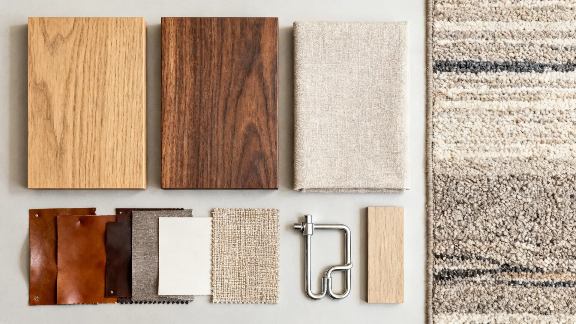 Flatlay of oak and walnut wood, performance fabric, leather, and hardware samples for a comfortable 10-seat dining setup.