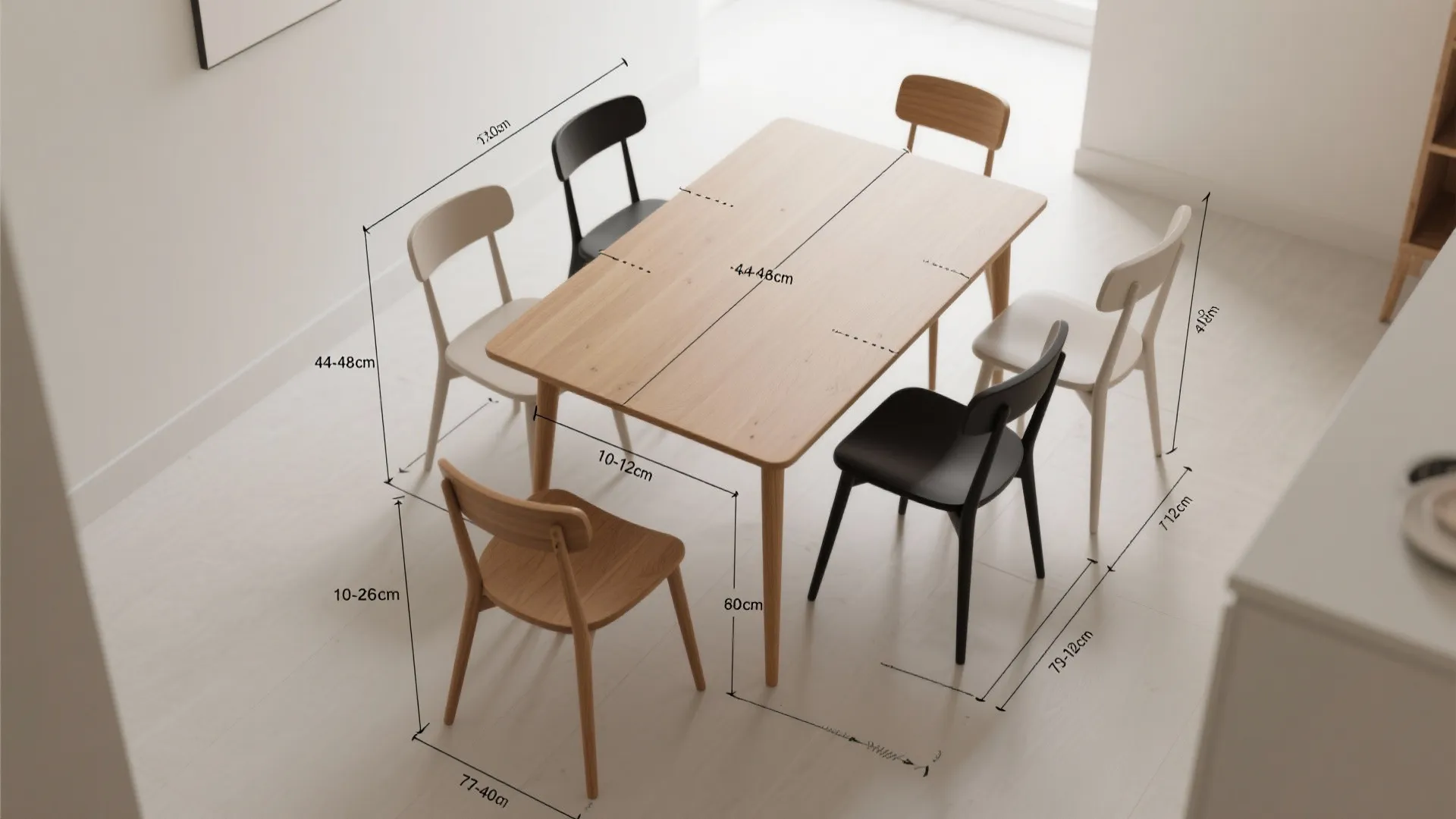 Top down view of a dining table and chairs showing detailed measurements and room layout