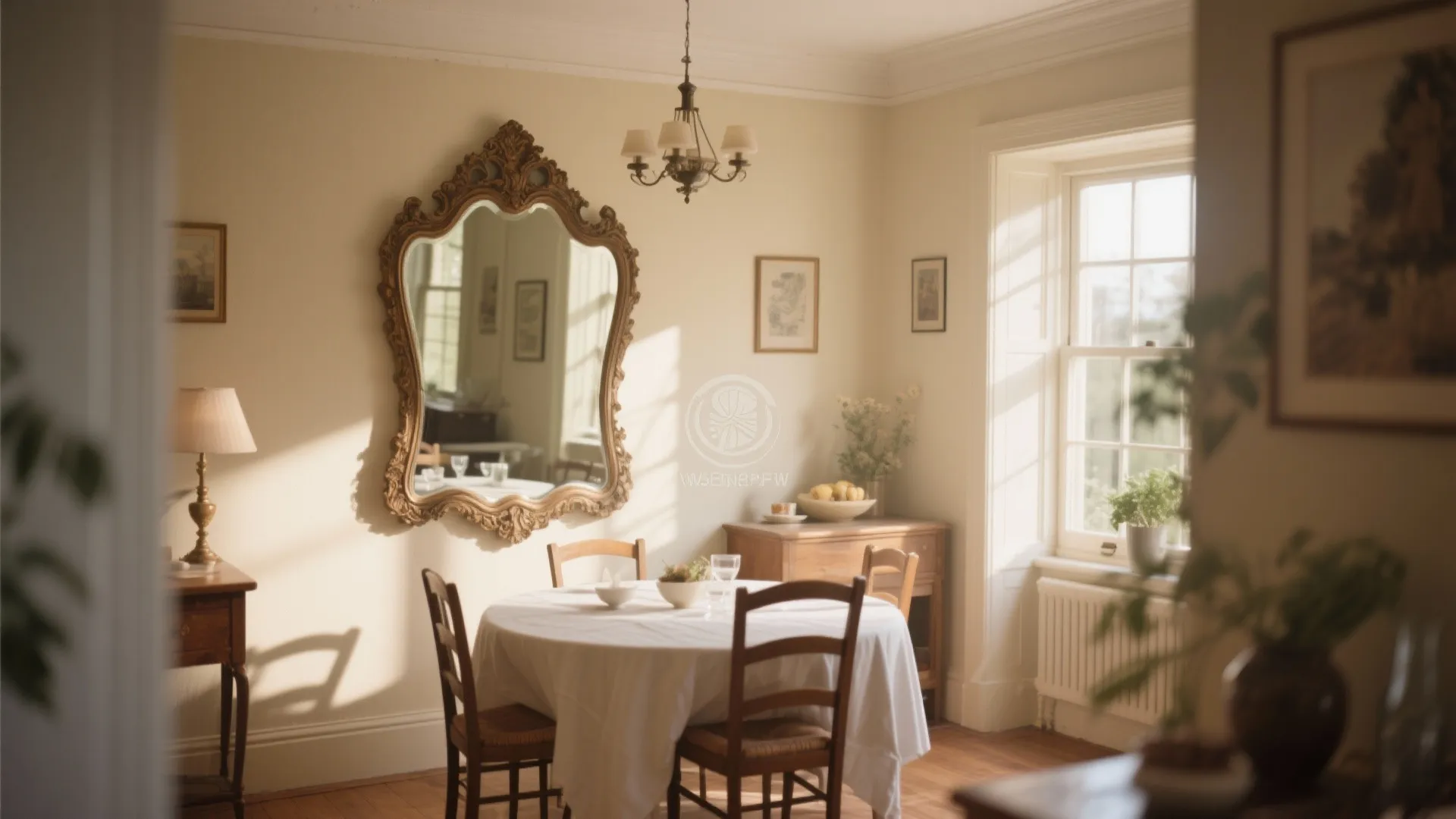 Small dining room with a large antique mirror