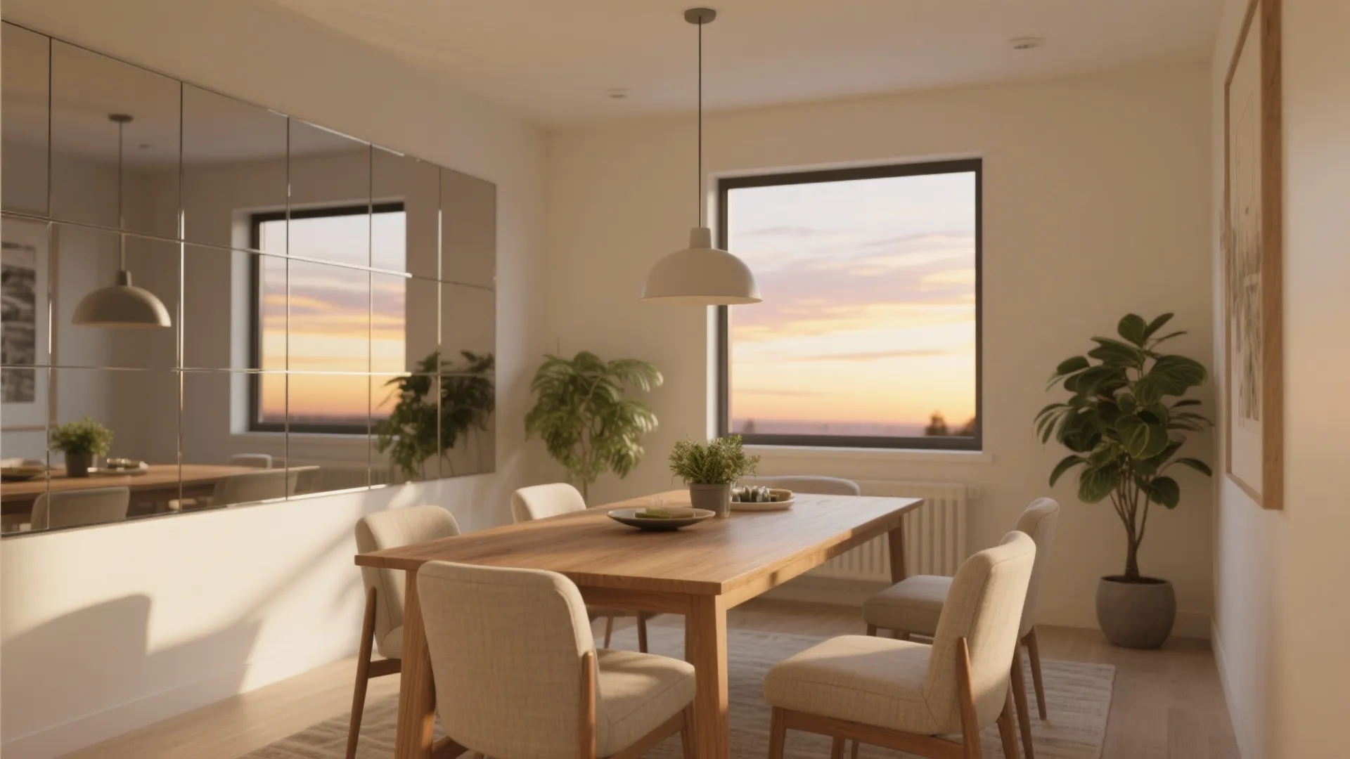 Modern dining room with wooden table four chairs large grid mirror window and sunset view