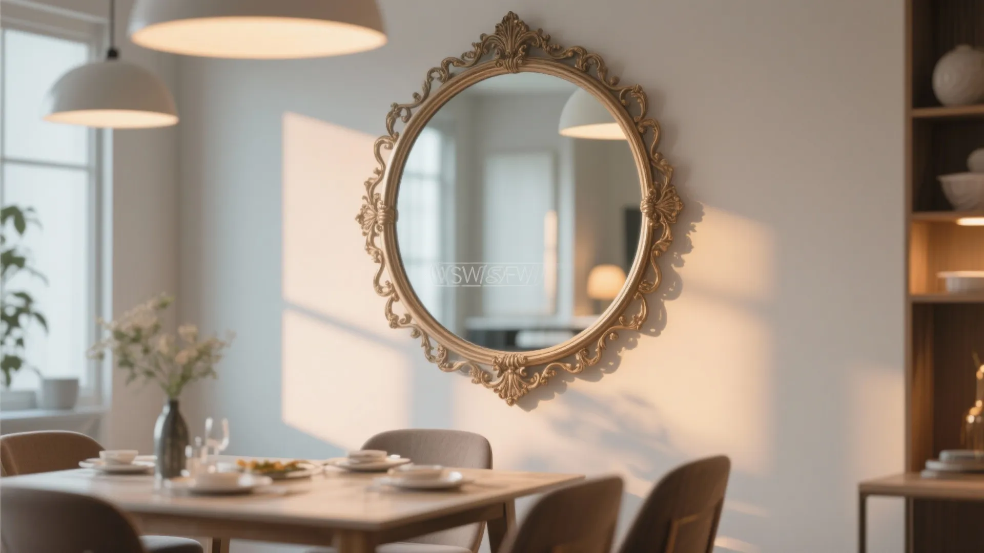 Round gold decorative mirror on wall above dining table with ceiling lights and warm sunlight