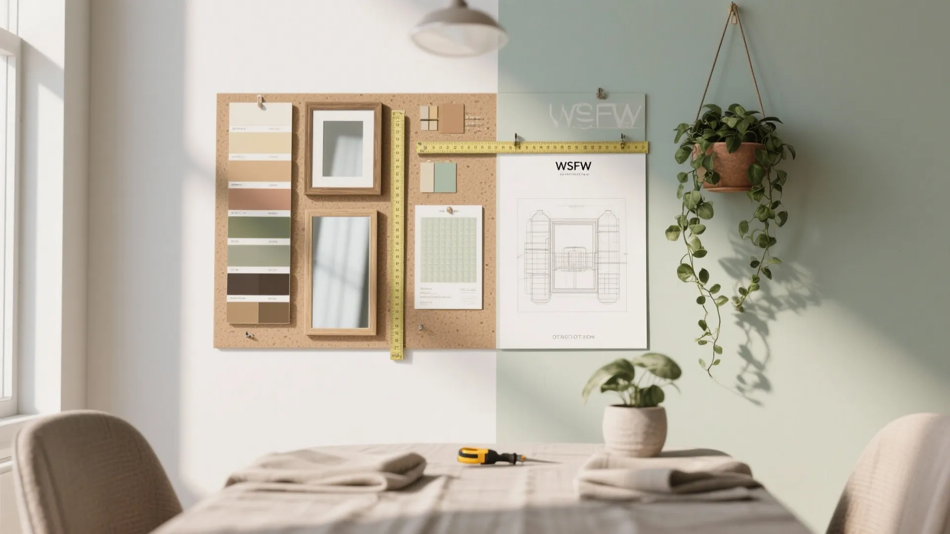 Interior design mood board on cork board with color palettes and drawings above wooden table